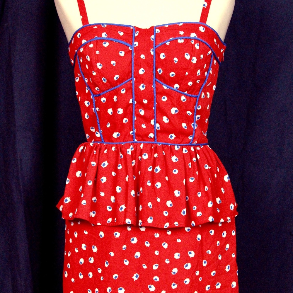 Red Dress Dots Blue Piping Size XS Mod Rockabilly